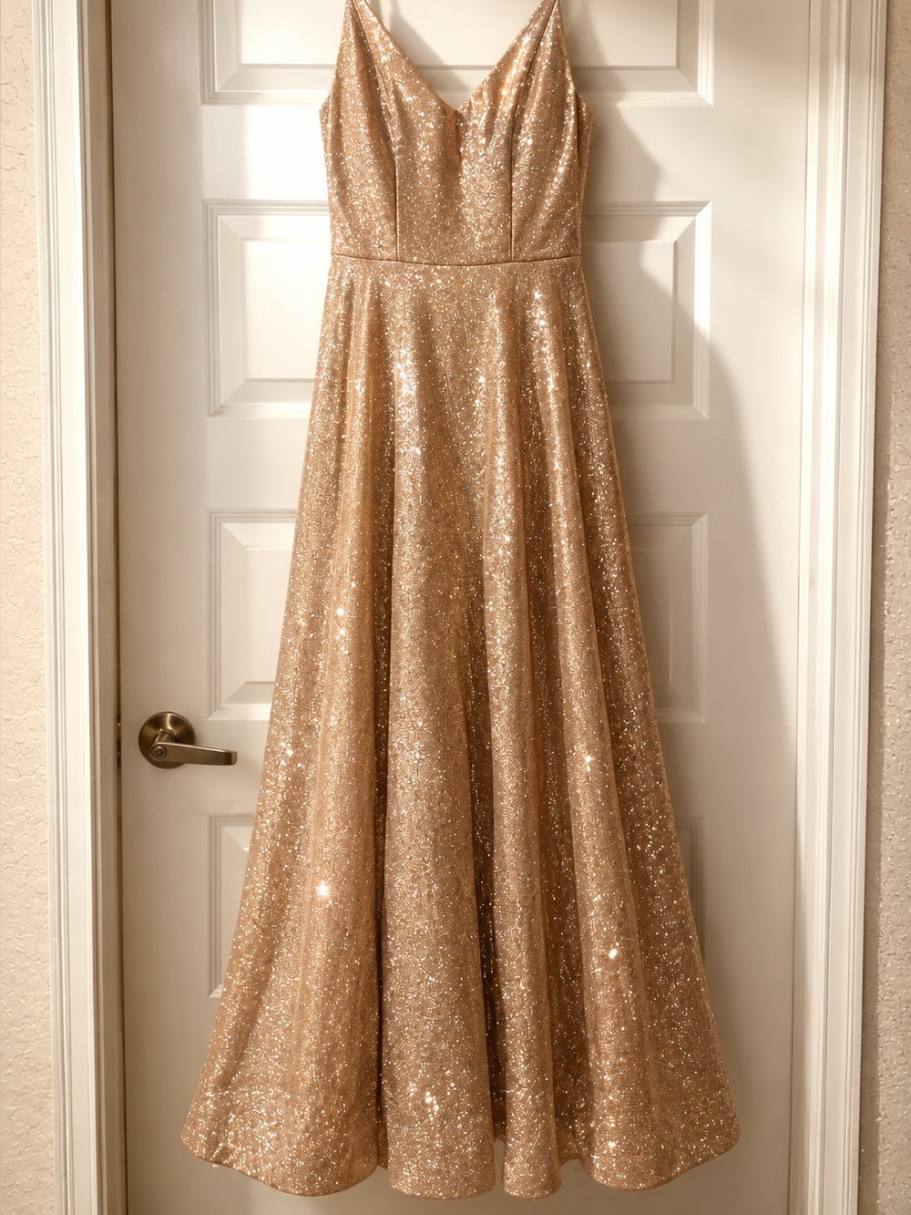 Sparkling Gold A-Line Women's Adjustable Spaghetti Strap Long Dress